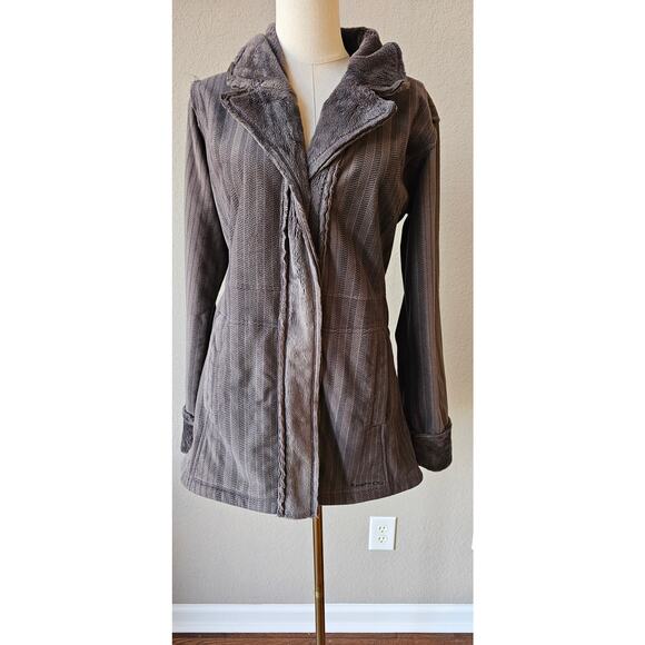 ExOfficio Women's Gray Striped Faux Fur Long Sleeve Snap Front Coat Size Small - Picture 1 of 13